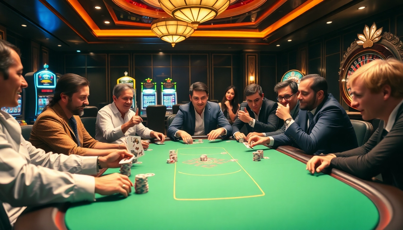 Players enjoying a thrilling game of poker at Jeetbuzz casino, surrounded by vibrant gambling elements.