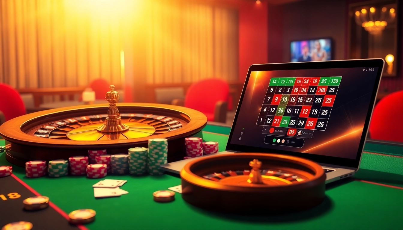 Experience thrilling online gaming at vn168 with vibrant casino tables, cards, and a roulette wheel.