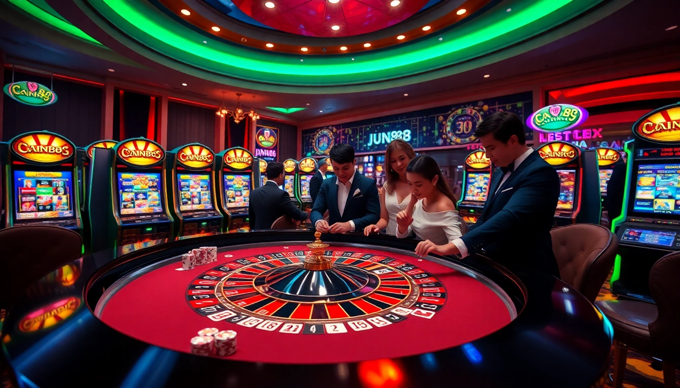 Gamblers enjoying a thrilling game at Jun88 casino, showcasing vibrant roulette and slot machines.