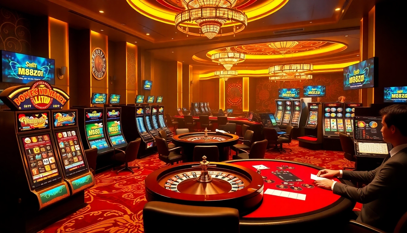 Exciting gaming action at m88zo.com featuring vibrant slot machines and elegant poker tables.