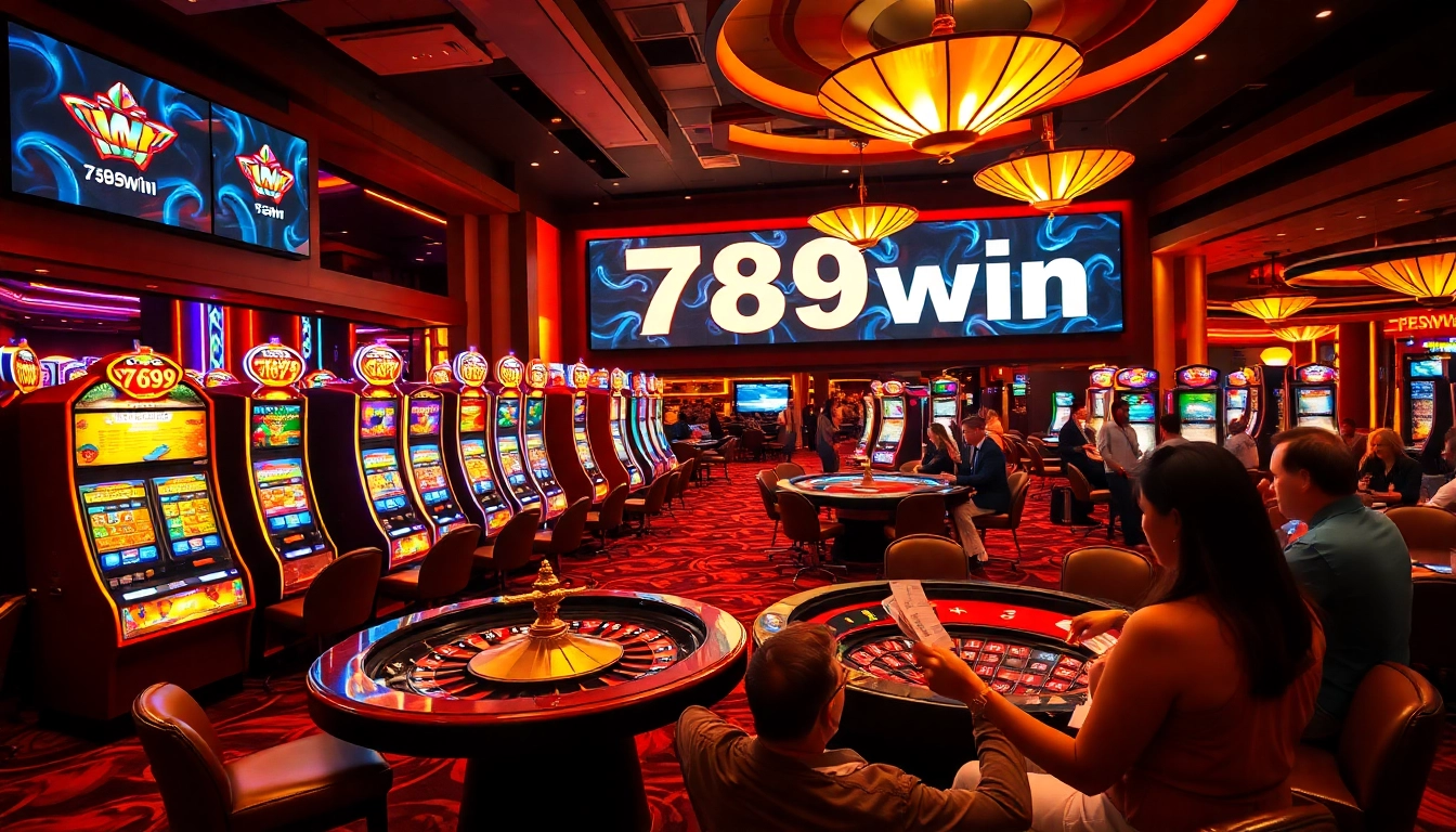 Players winning at the vibrant casino floor of 789win, showcasing excitement with cards and chips.