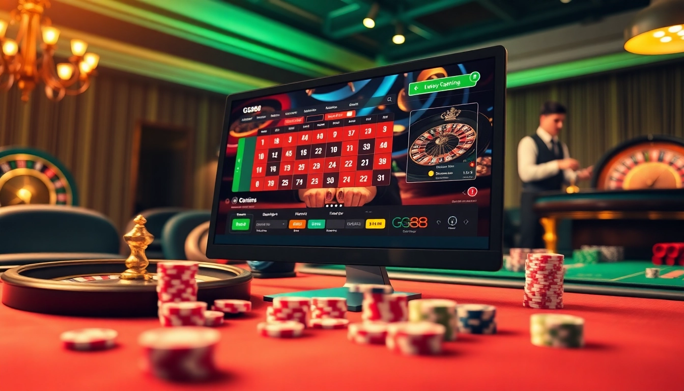 Experience thrilling gameplay at https://gg88.mov/ with a luxurious online casino interface showcasing poker and roulette.
