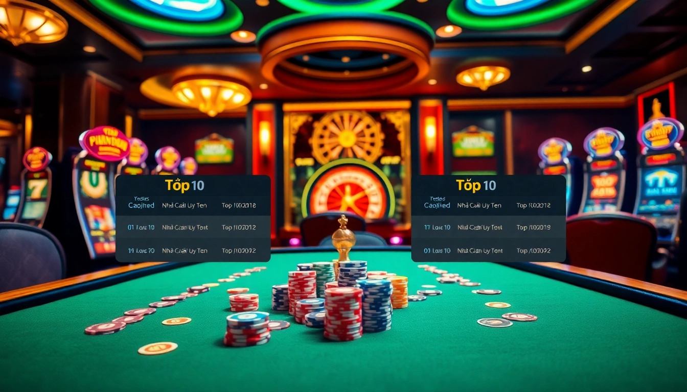 Dynamic casino scene featuring the Top 10 Nhà Cái Uy Tín with vibrant poker tables and luxurious slot machines.