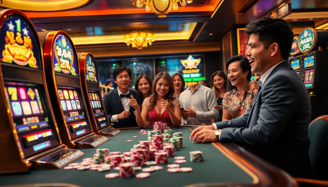 Nổ Hũ slot machines lighting up the casino with players winning exciting jackpots.