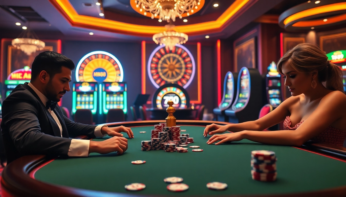 Players at an upscale MM88 casino poker table experiencing intense gaming moments.