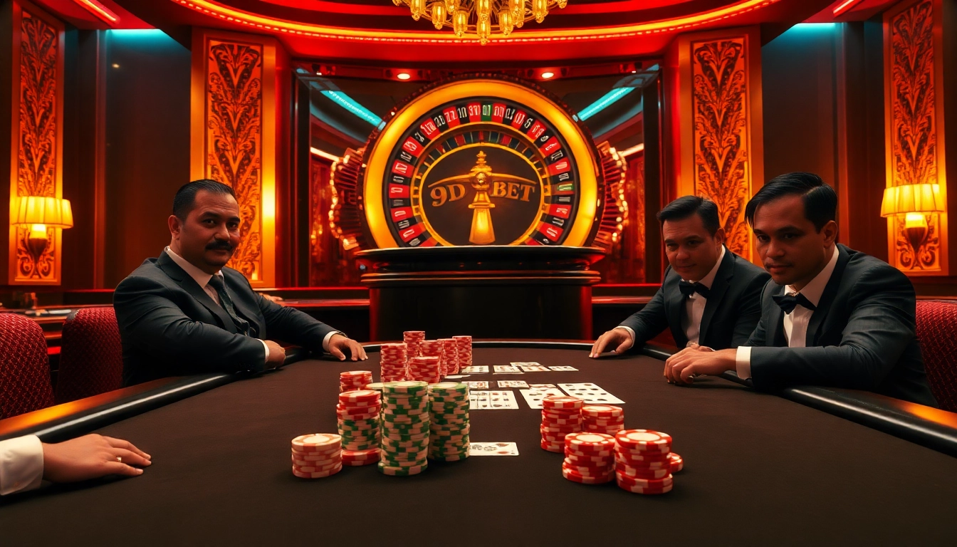 Players enjoying a thrilling game of poker at 9Dbet casino table, featuring vibrant colors and luxurious atmosphere.