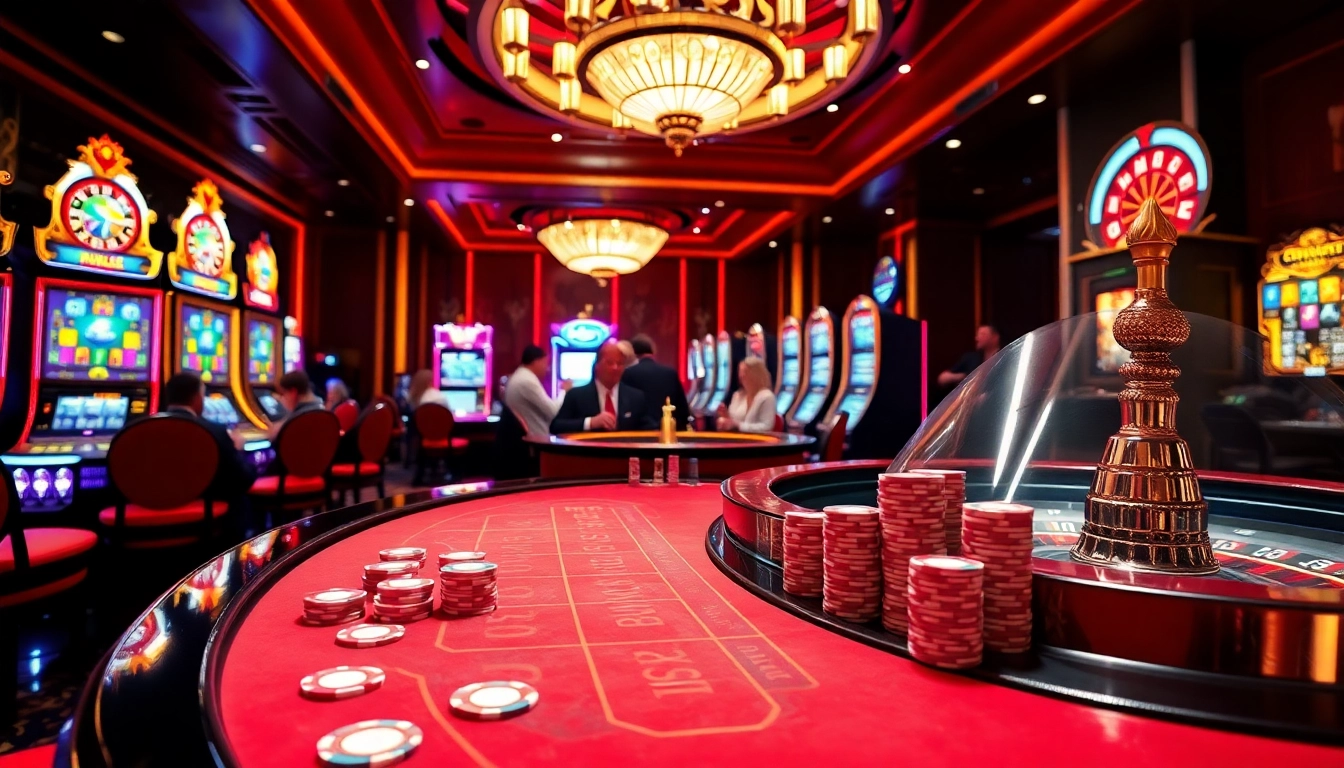 Players engaging at the RR88 casino table, showcasing excitement and colorful slot machines.