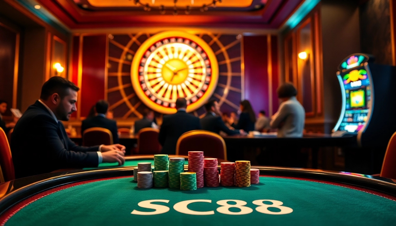Experience the thrill of gambling at SC88 with vibrant poker tables and roulette wheels.