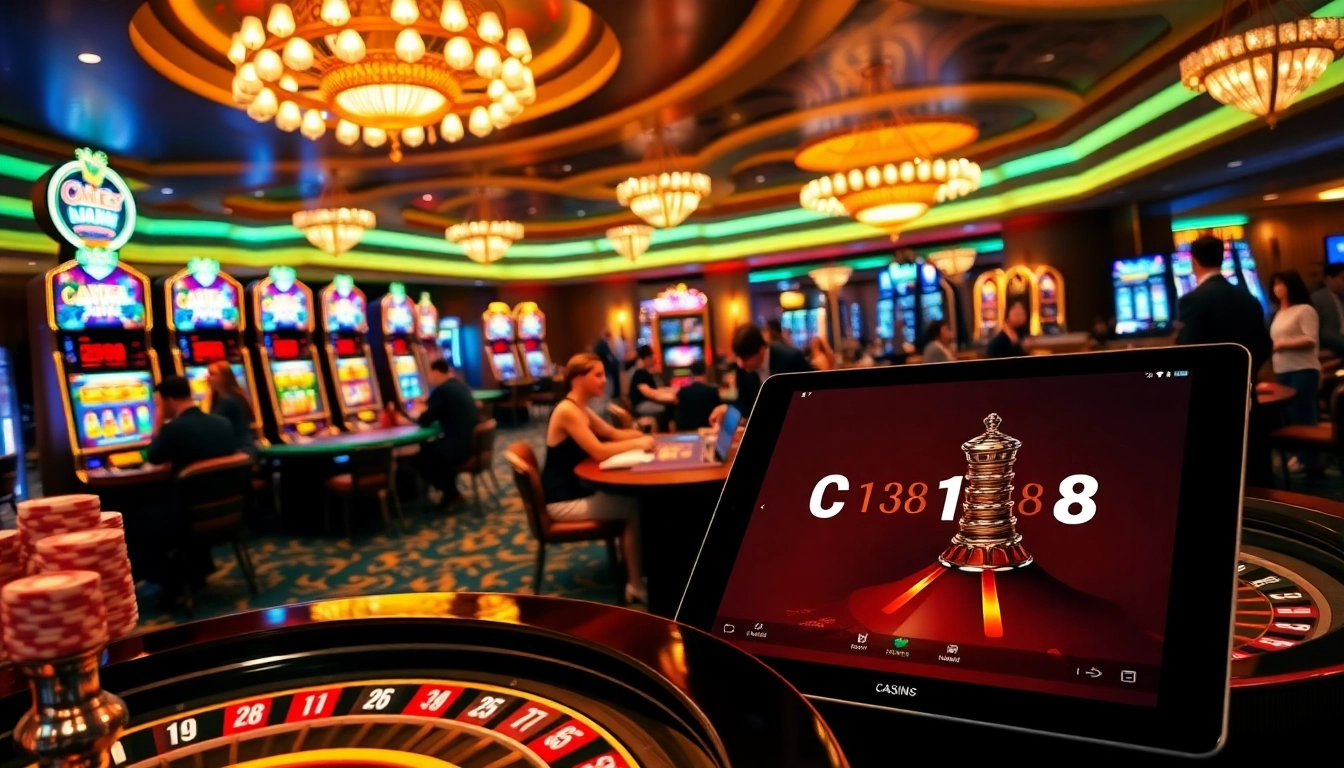 C168 casino gaming scene with poker chips, slot machines, and roulette in a luxurious setting.