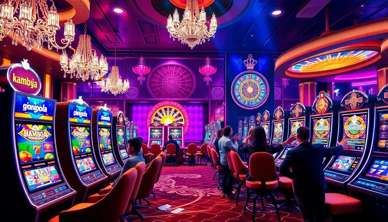 Winning at a slot server kamboja in a luxurious casino with vibrant slot machines and engaging players.