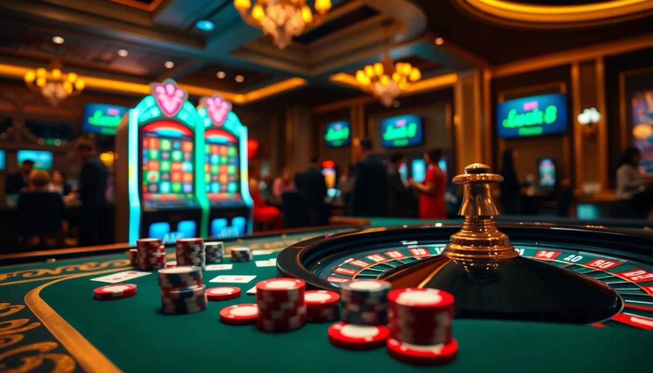 Experience the excitement of luck8 with a vibrant casino scene featuring poker chips and a spinning roulette wheel.