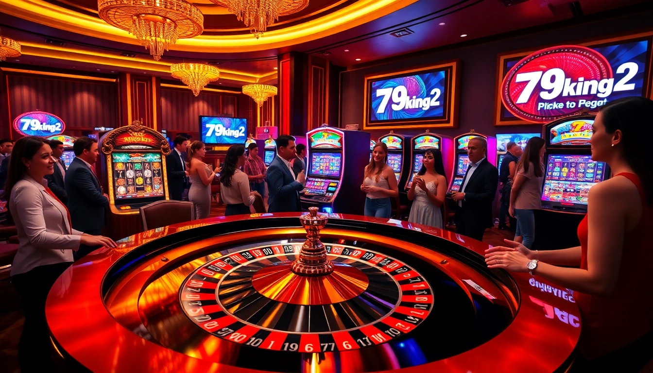 Players experiencing the excitement of the casino games at 79king2, with roulette and slot machines.