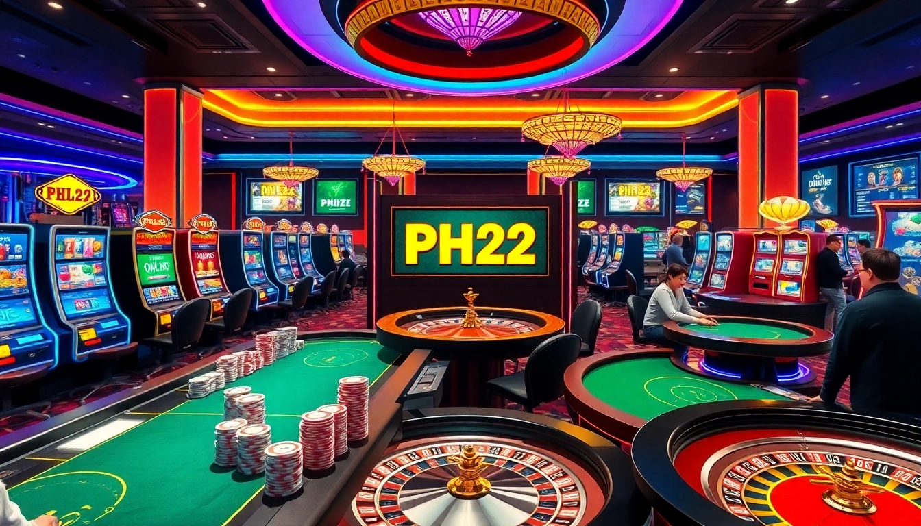 Experience the thrill of PH22 with vibrant gaming visuals featuring slots, poker tables, and roulette.