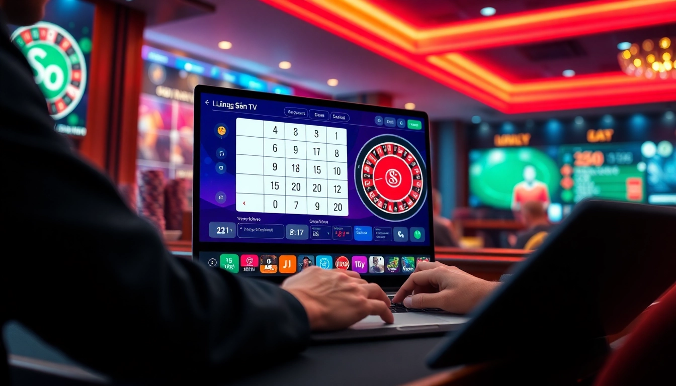 Lương Sơn TV live sports betting with a dynamic casino interface, showcasing poker chips and cards.