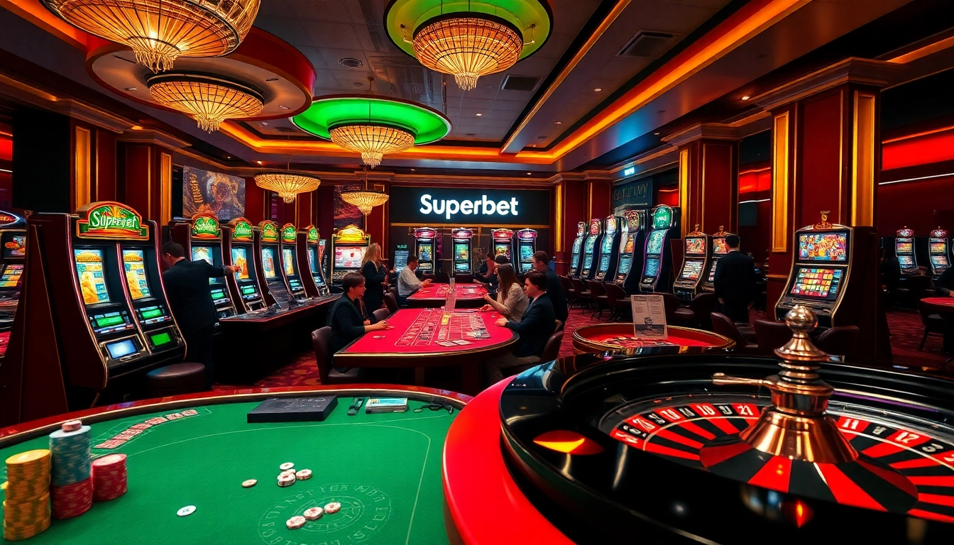 Players enjoying a thrilling game at Superbet casino tables, surrounded by vibrant slot machines and poker chips.