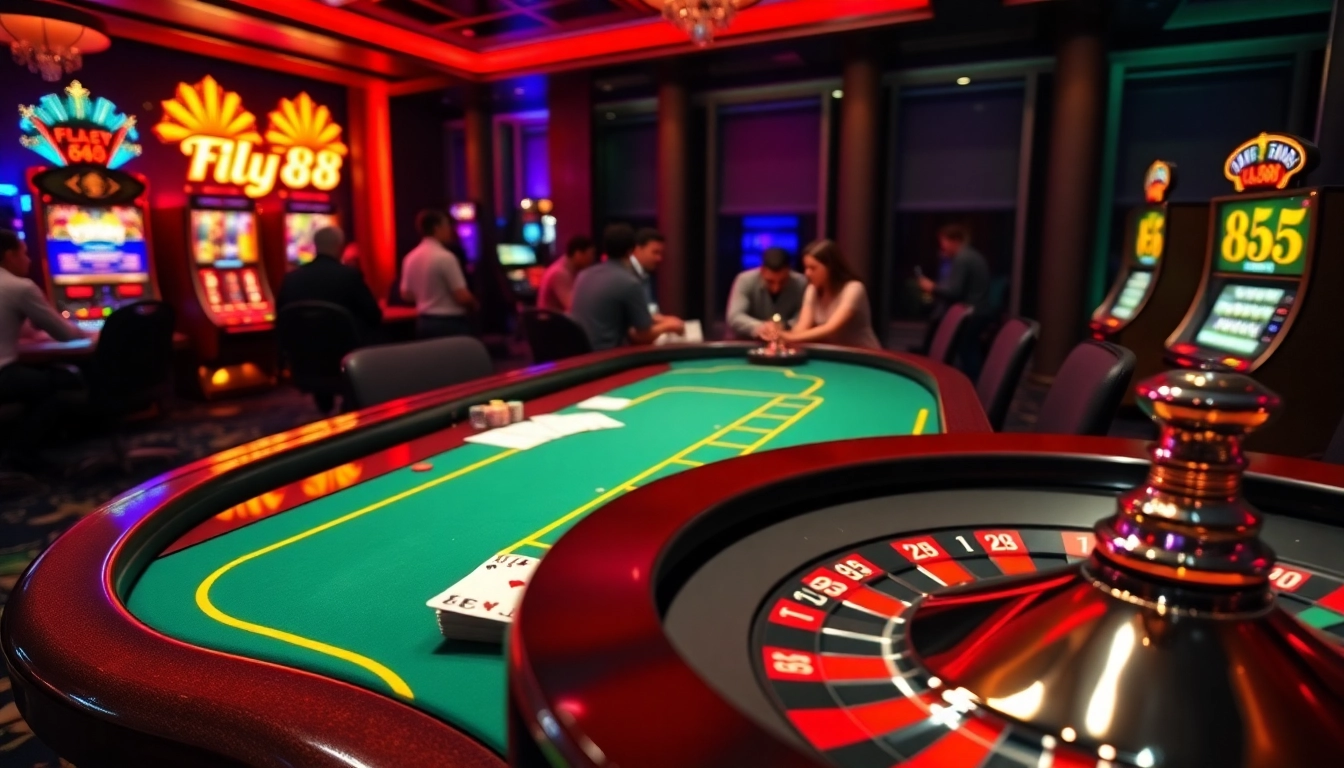 Experience the thrill of betting at Fly88, with illuminated poker tables and slot machines!