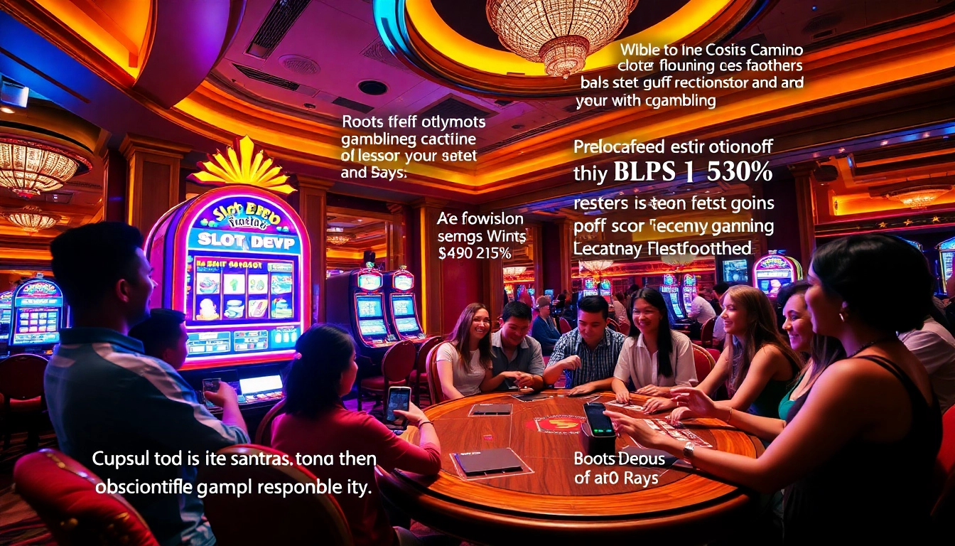 Players enjoying the excitement of slot depo 5k at a luxurious casino with vibrant machines.
