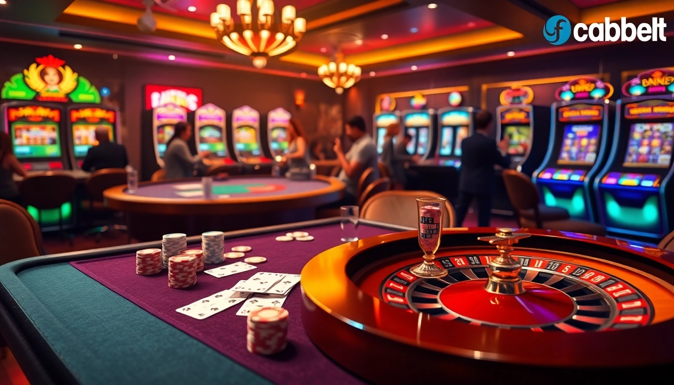 Fabet casino table showcasing poker chips, cards, and roulette wheel in a vibrant atmosphere.