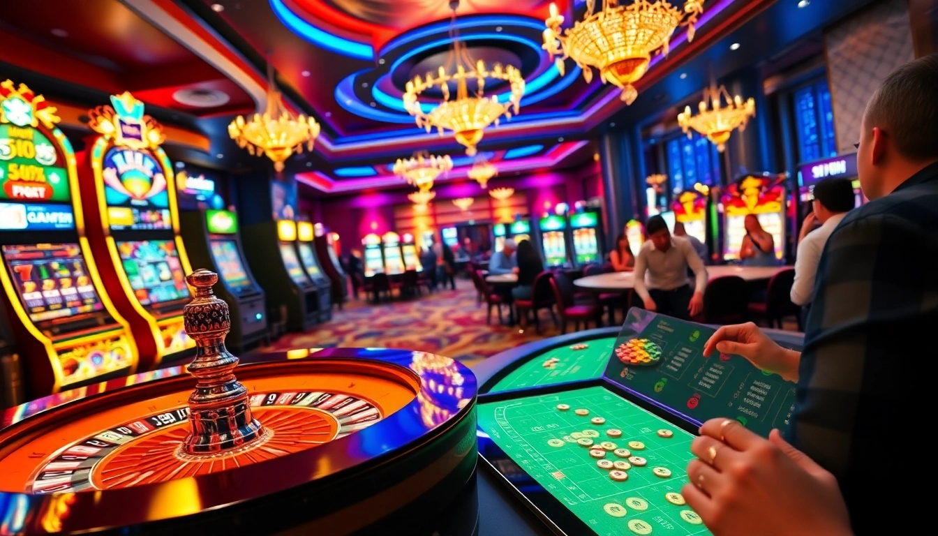 Exciting casino scene highlighting xo88 with players engaged in high-stakes gambling at tables and machines.