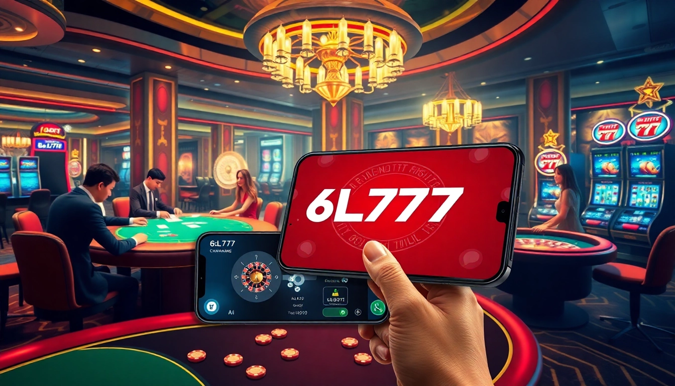 Experience thrilling casino games with 6L777 in a luxurious setting filled with vibrant tables and engaging players.
