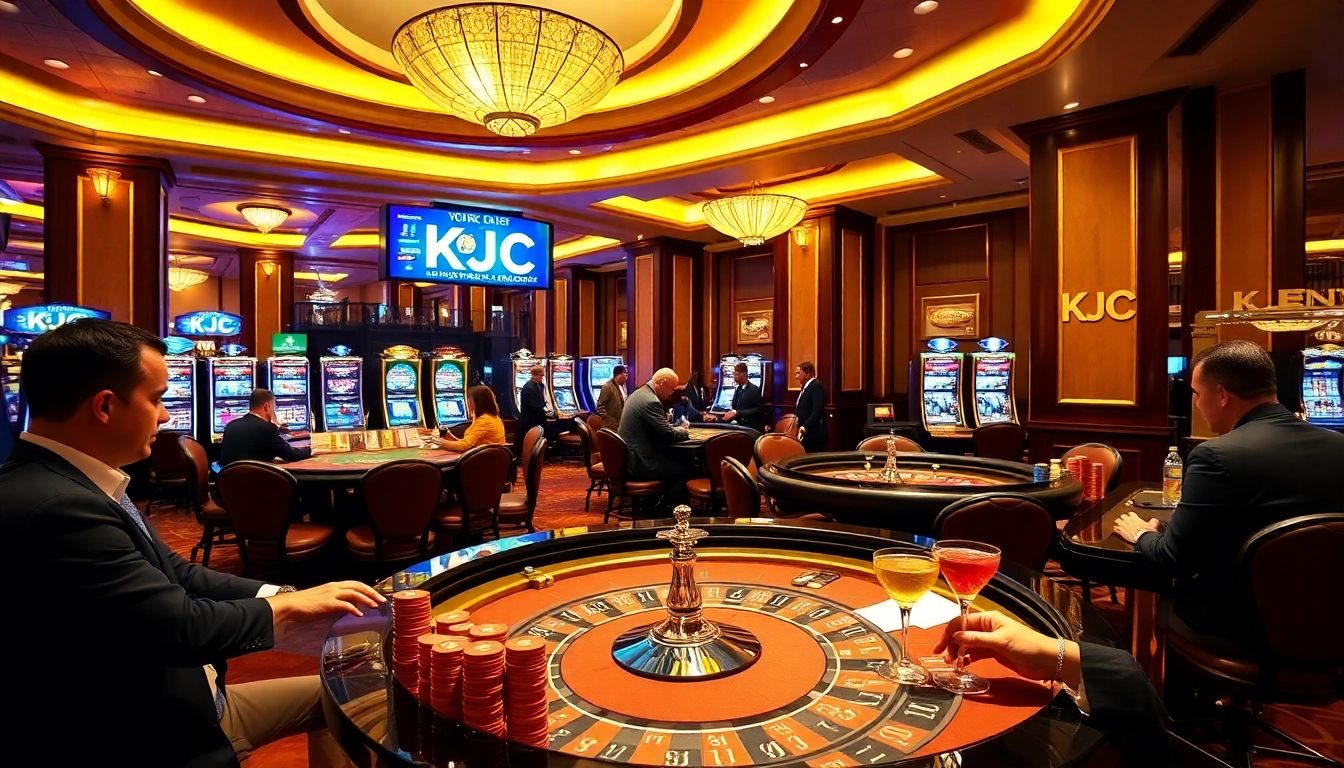 Experience the thrill of KJC casino gaming with players at tables and vibrant slot machines.