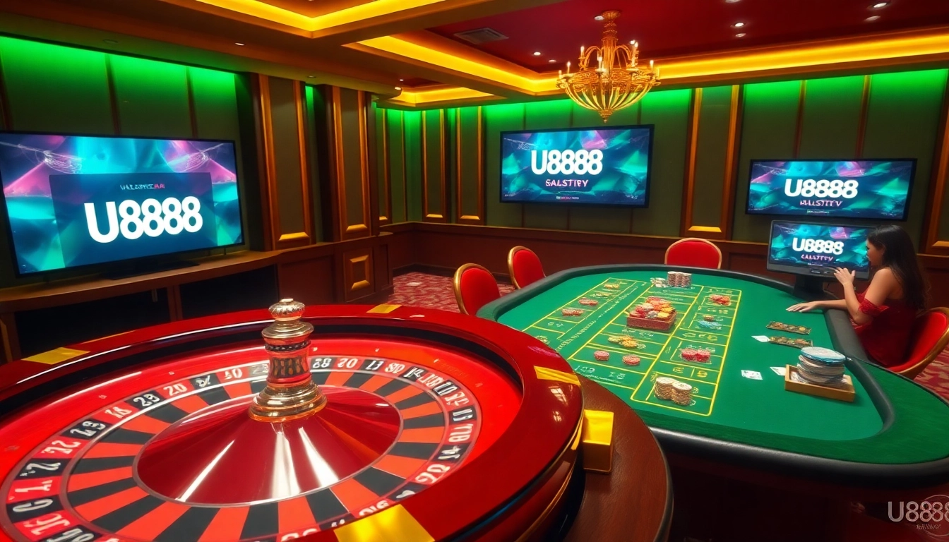 Experience thrilling gameplay at U888 with a vibrant casino atmosphere filled with roulette wheels and poker tables.