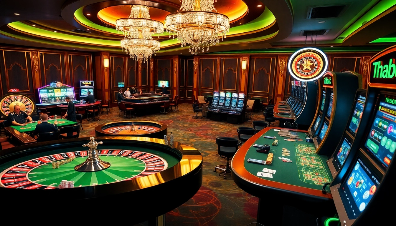 Experience the thrill of Thabet77 with players at vibrant casino tables showcasing poker chips and cards.