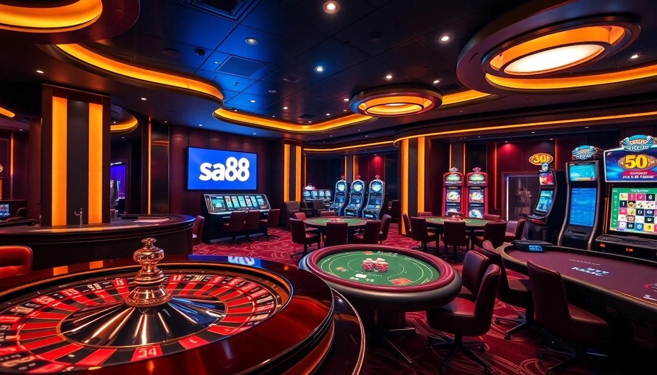 Experience exhilarating gameplay at sa88 with a vibrant casino setting featuring roulette and poker tables.