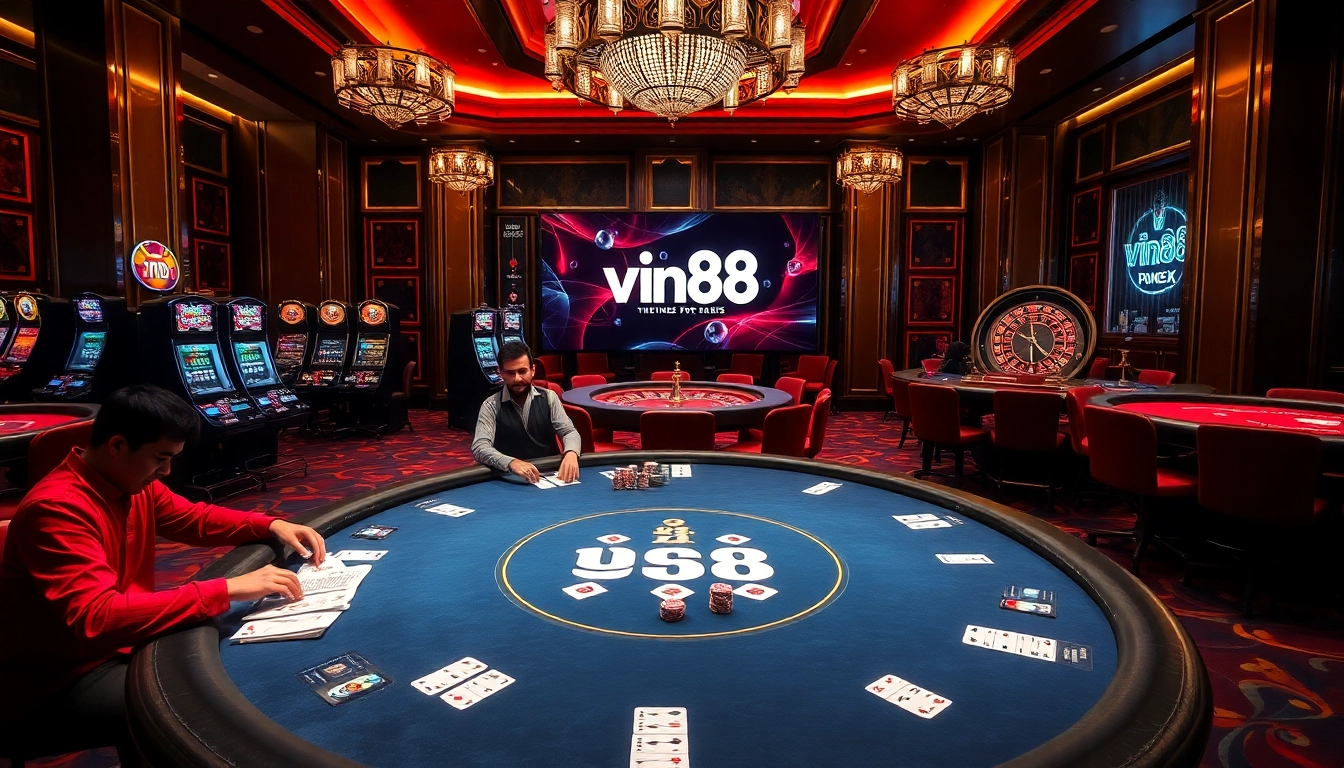 Experience the thrill of vin88 with a luxurious casino scene featuring poker tables and rich gaming elements.