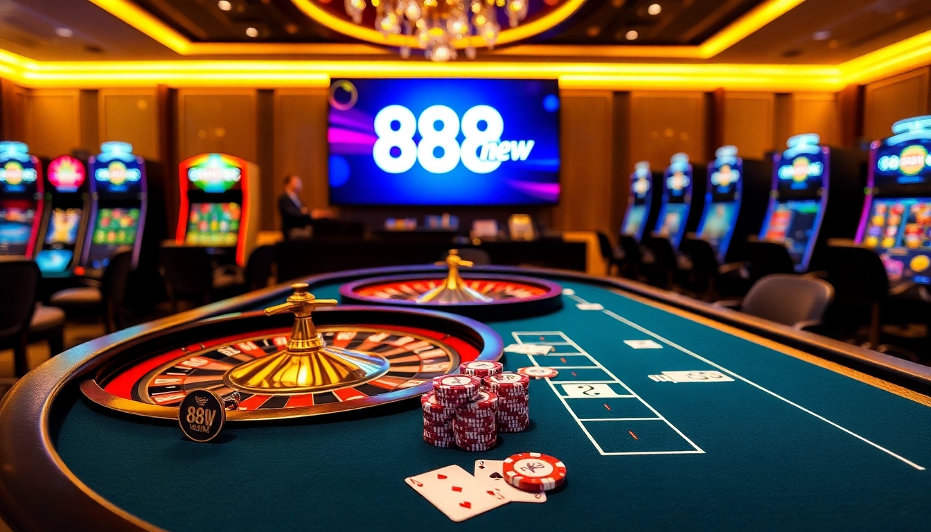 Experience high-stakes action at 888new's glamorous casino table with cards and chips.
