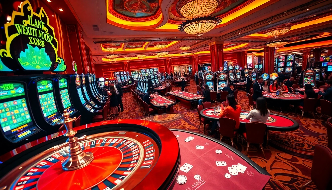 Excited players engaging in high-stakes gambling at a luxurious xx88 casino floor.