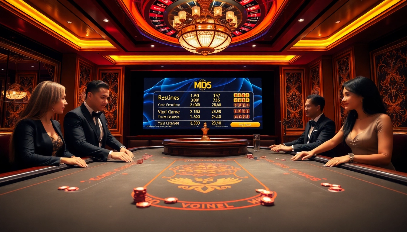 High-stakes Tài Xỉu MD5 table with glamorous casino ambiance, showcasing excitement and luxury.