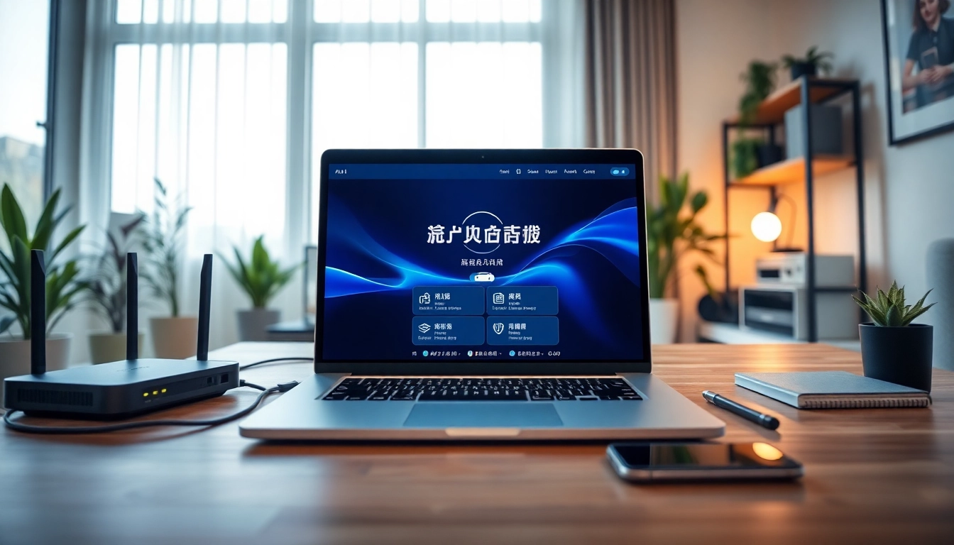 快连下载 app displayed on a laptop in a modern home office, highlighting secure internet connectivity.