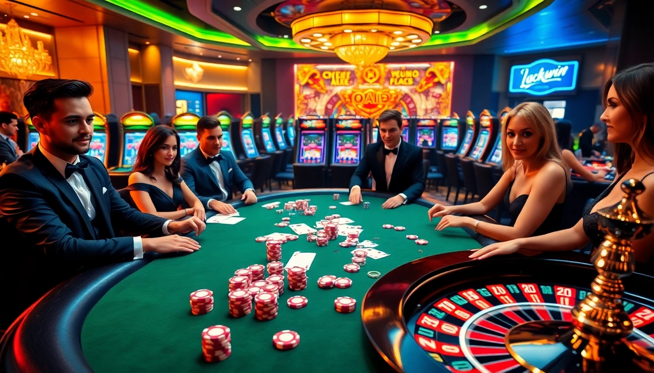 Experience the excitement of Luckywin with vibrant tables, players, and casino elements.