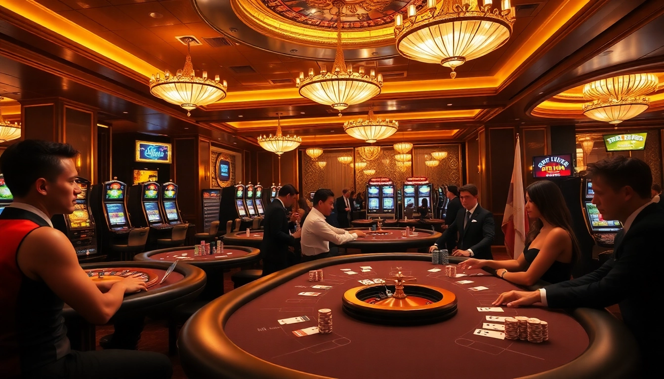 High-stakes gaming at a sophisticated top club casino, featuring poker tables and slot machines.