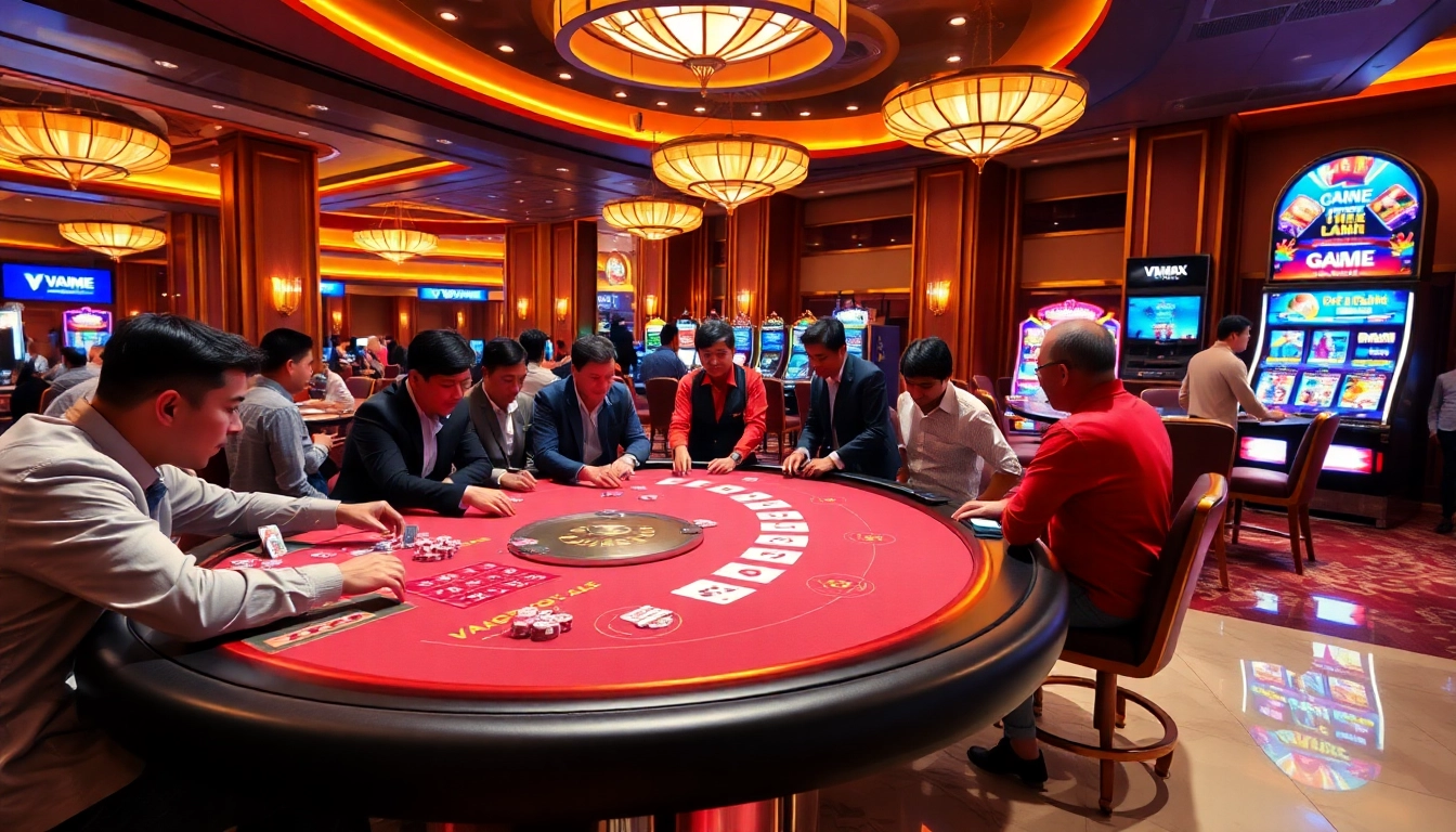 Experience the excitement of VMAX Game with a vibrant casino table scene featuring engaged players.