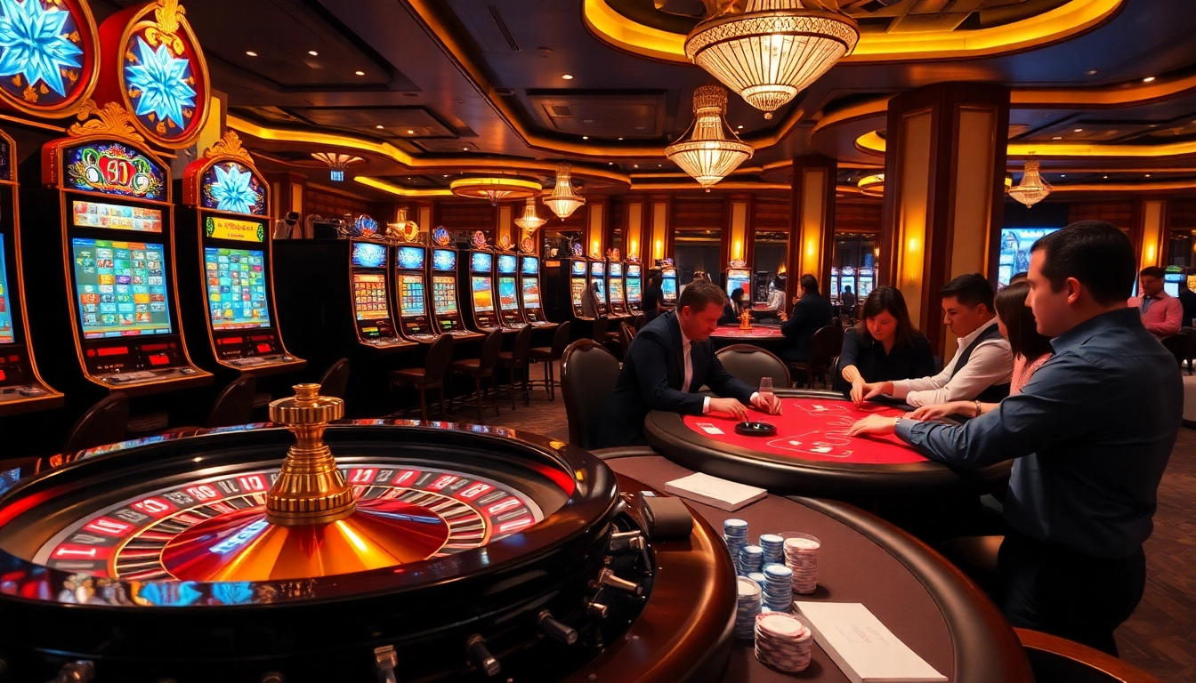 Engaging players enjoying games at the k9k9 casino, showcasing vibrant slot machines and poker tables.