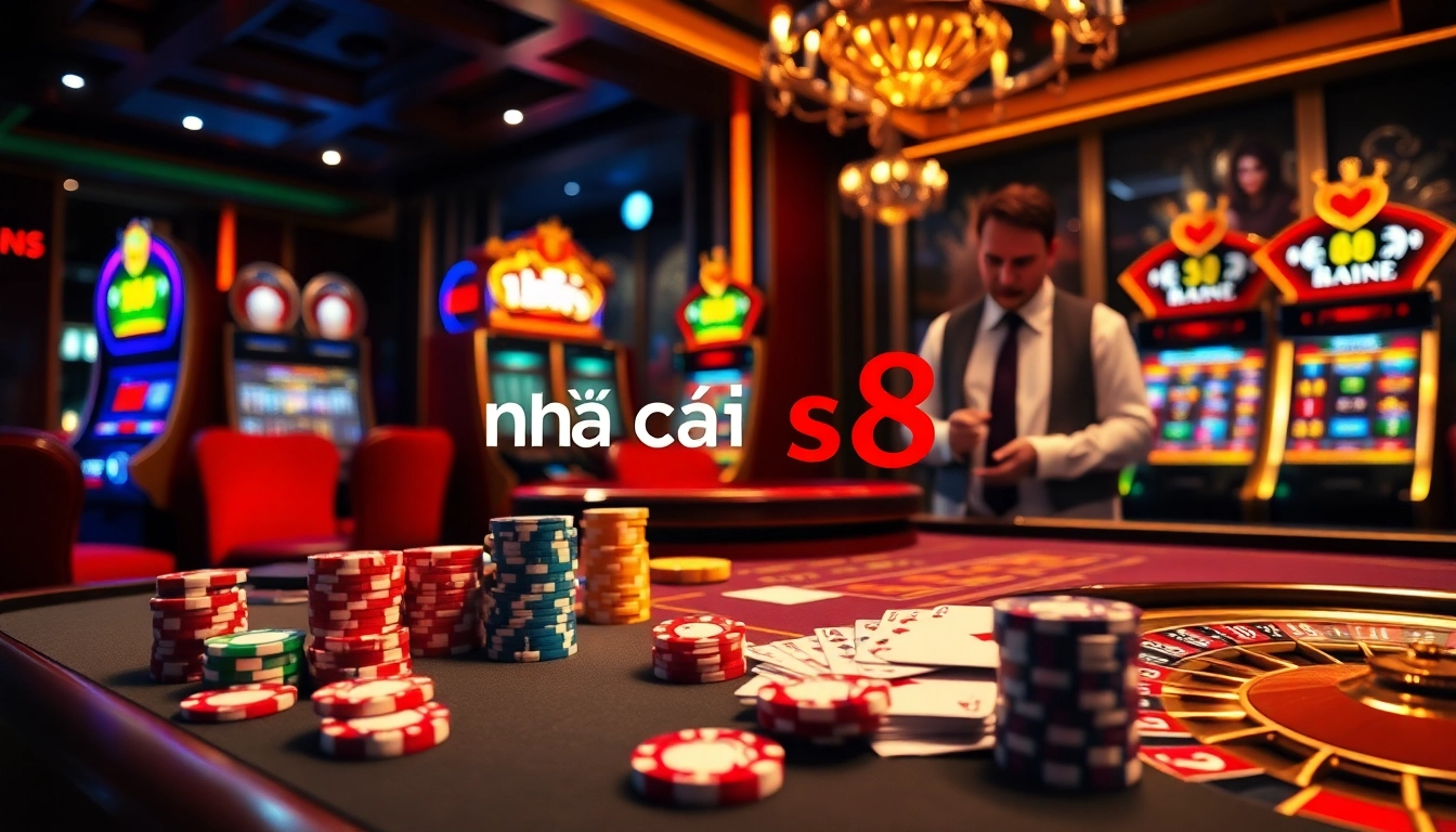 Exciting gaming atmosphere showcasing nhà cái s8 with poker chips, cards, and roulette wheel.