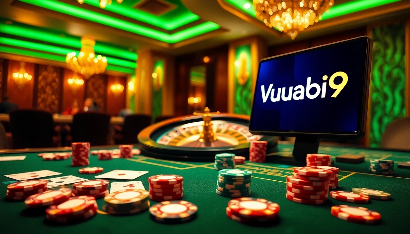 Experience the excitement of Vuabai9 casino games with vibrant poker chips and roulette wheels.