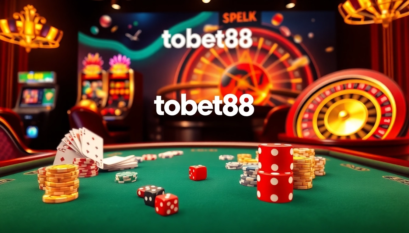 Experience the excitement of online gaming at tobet88 with vibrant casino visuals featuring poker and slot machines.