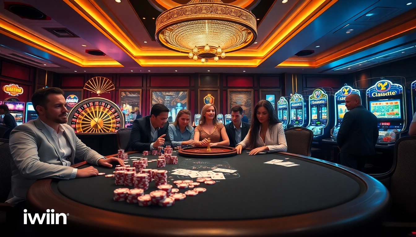 Iwin casino enthusiasts celebrating wins at an elegant gambling table.