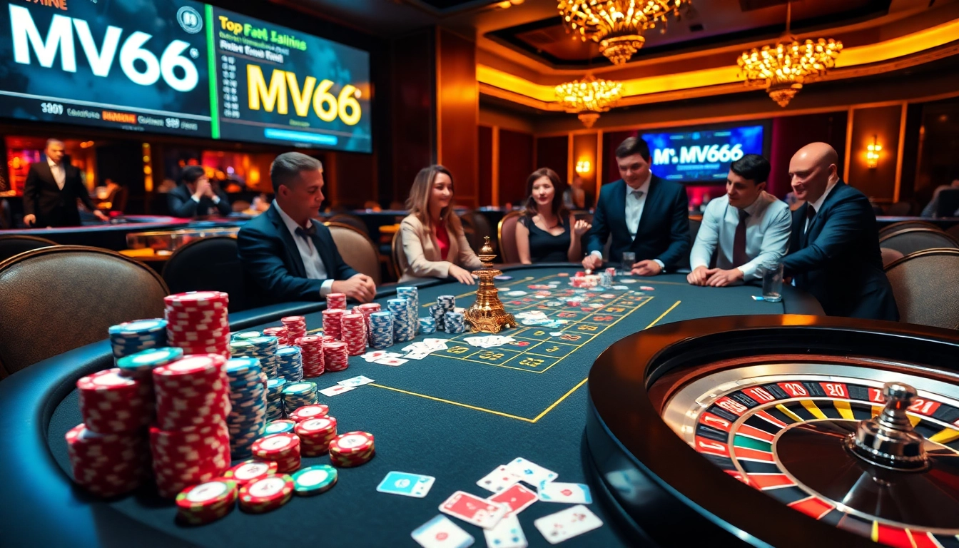 Experience the thrill of gambling at MV66 with a vibrant casino scene showcasing a poker game in action.