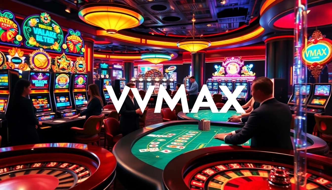 Experience excitement at VMAX casino with vibrant tables and slot machines featuring skilled players.