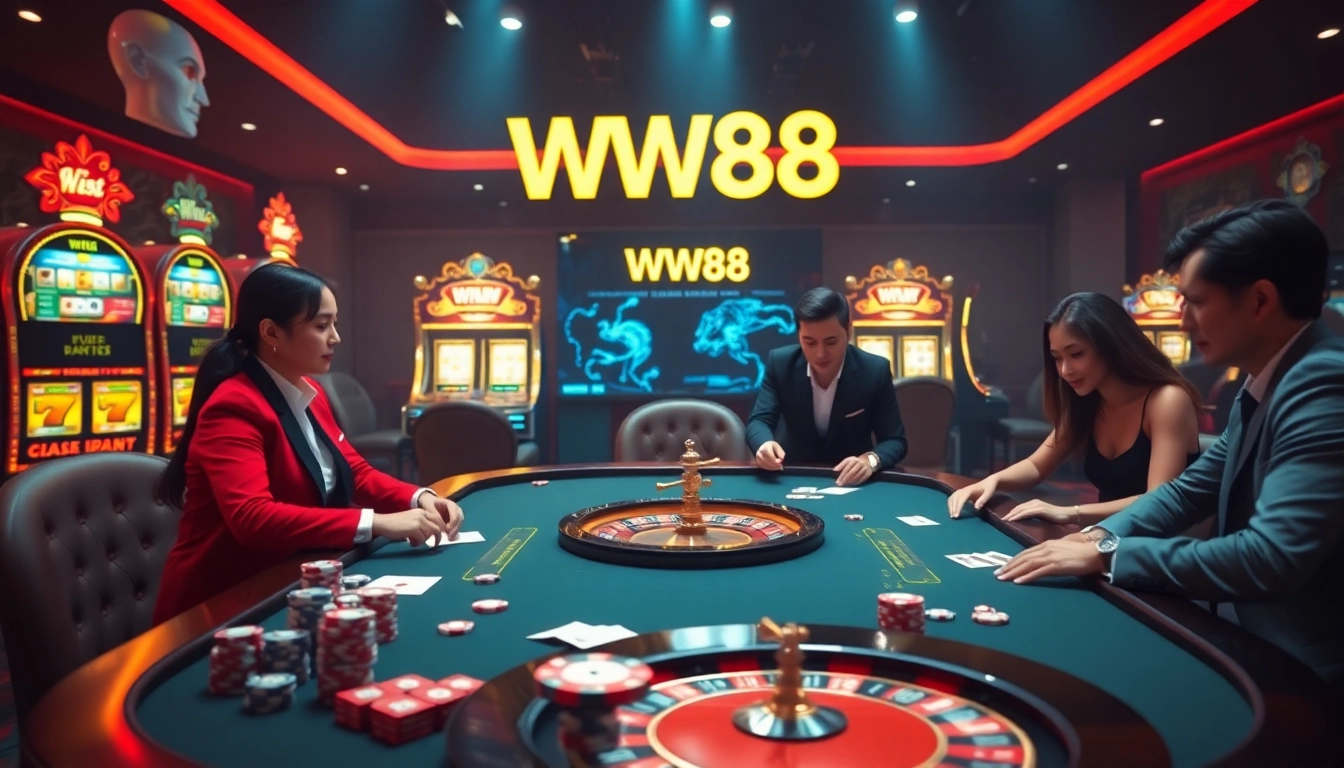 Players enjoying an exciting card game at WW 88 casino, showcasing vibrant poker chips and a roulette wheel.