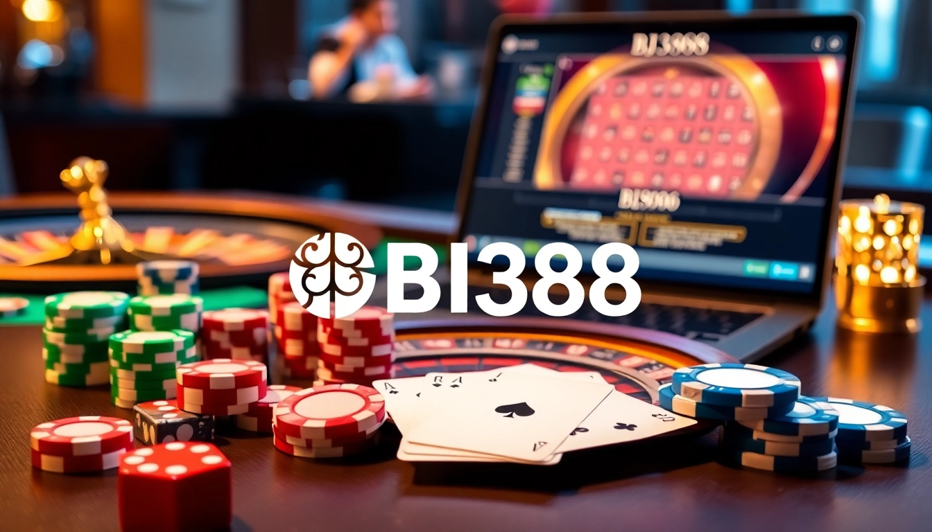 Experience BJ388's luxurious online casino with poker chips and a roulette wheel.