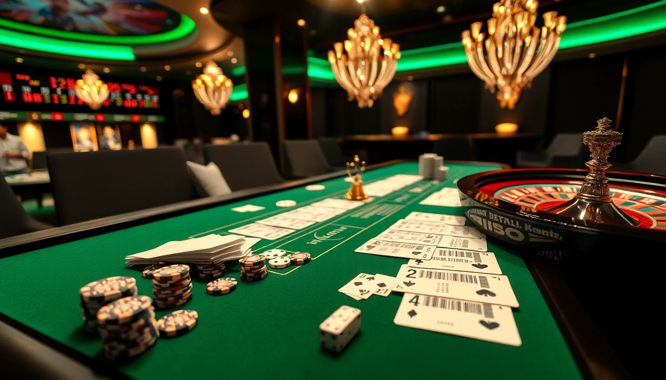 Experience thrillingแทงบอล action at a luxurious casino betting table adorned with chips and roulette.
