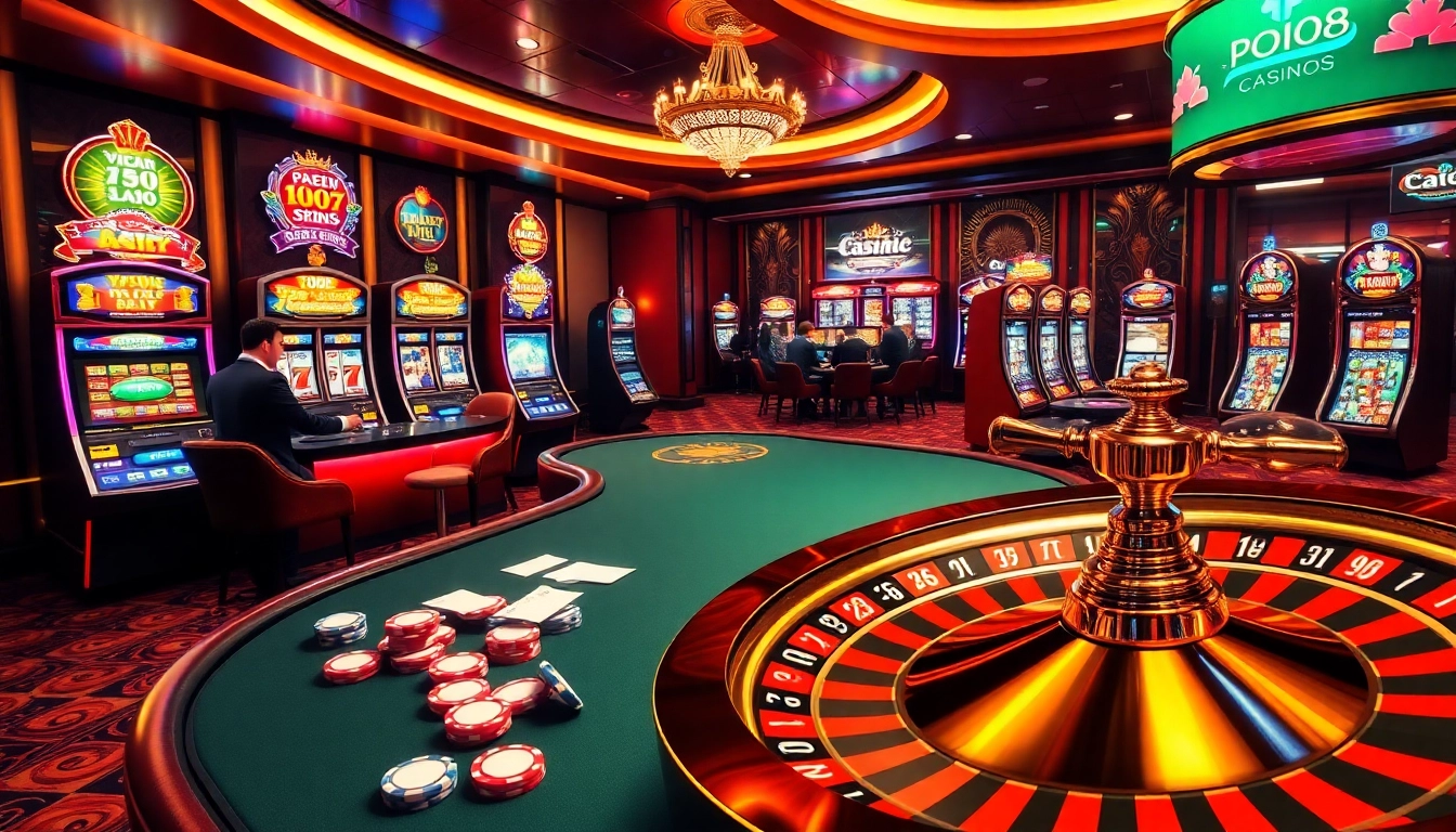 Experience thrilling gameplay at https://au88.select/ with a vibrant casino scene featuring poker tables and slot machines.