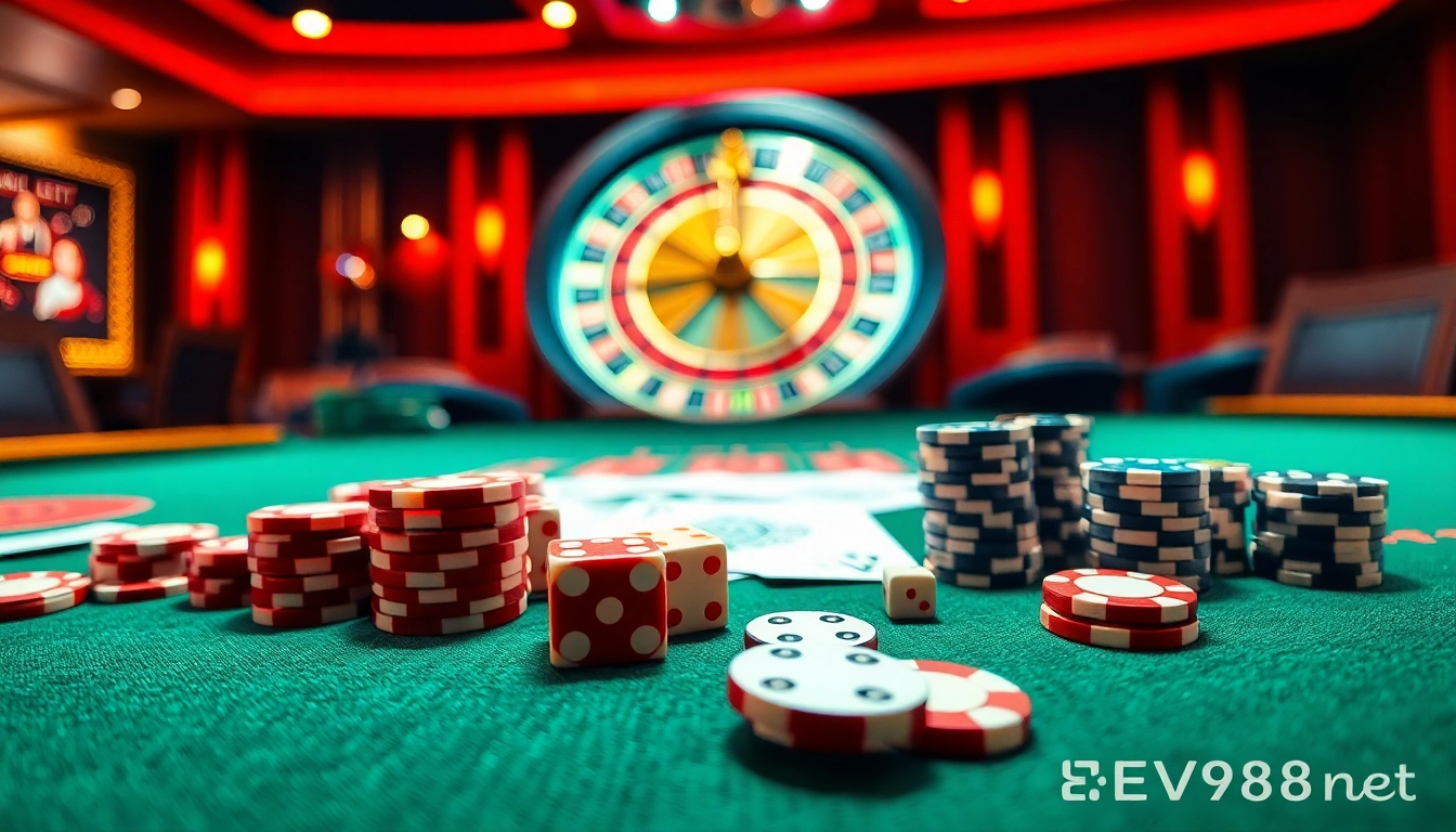 Experience high-stakes excitement at EV88 net with vibrant casino games featuring cards and chips.