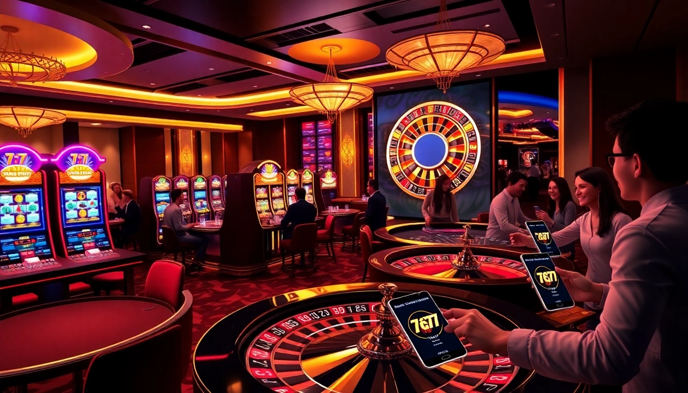 Experience the thrilling 7c77 app at a luxurious casino with slot machines and roulette.