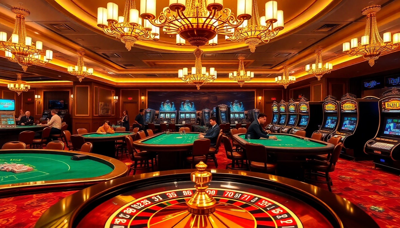 BDJL casino scene showcasing players at poker tables, roulette wheel, and slot machines.